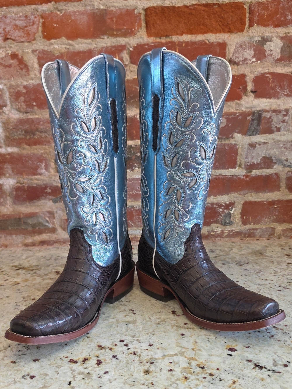 Ariat Metallic Blue Embroidered Shaft Brown Croc-Textured Foot Boots - 1489